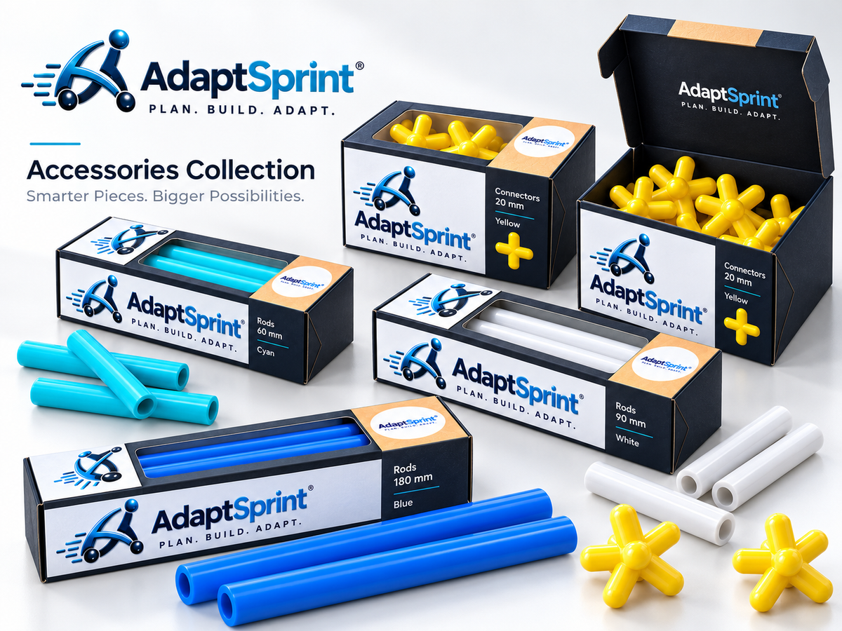 AdaptSprint Accessories Collection with 60 mm cyan, 90 mm white and 180 mm blue Rod Pods and 20 mm yellow Connector Pods